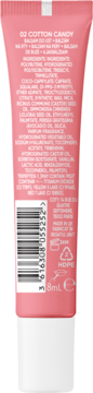Tył różowego balsamu do ust Miss Sporty 02 Cotton Candy 8ml, ze składem, kodem kreskowym.