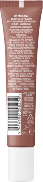 Tył brązowej tubki balsamu Miss Sporty Naturally Perfect Butter Kissed Lip 03 Mocha, ze składnikami i kodem.