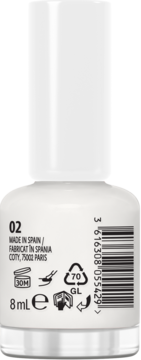 Tył białej butelki lakieru Miss Sporty Latte Nail Care 02, z biotyną i arganem, 8ml, kod kreskowy.