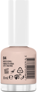 Tył beżowego lakieru Miss Sporty Naturally Perfect Latte 04, 8ml, z etykietą, kodem kreskowym i ikonami.