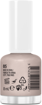 Tył lakieru Miss Sporty Naturally Perfect Latte 05, nude beż, z oznaczeniami 8ml i kodem kreskowym.