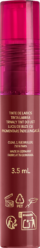 Tył butelki Bourjois Stain in Love Lip Tint 3.5 ml. Ciemnoczerwony korpus, różowa nakrętka, widoczne napisy i symbole.