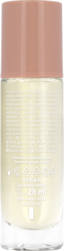 Tył zielonkawej butelki wegańskiej bazy pod makijaż 28 ml, z opisem składników i instrukcjami.