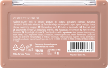 Tył różowego kompaktu z rozświetlającym różem PERFECT PINK 01. Widoczna biała etykieta z tekstem VEGAN i wagą 11g.