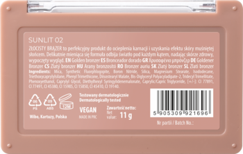 Tył opakowania bronzera w kompakcie SUNUT 02, widoczna etykieta z opisem produktu i składem, 11g.