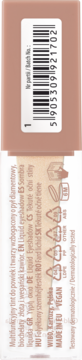 Tył opakowania płynnego cienia do powiek w kolorze nude. Etykieta zawiera kod kreskowy, napis 'Liquid Eyeshadow', VEGAN, MADE IN EU.