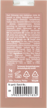Tył beżowego opakowania duo cieni do powiek Wibo z listą składników, kodem kreskowym i ikoną VEGAN.
