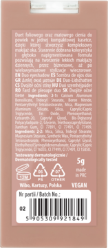 Tył kompaktowej beżowej paletki Wibo Duo eyeshadow 5g, widoczne składniki, kod kreskowy i oznaczenie VEGAN.