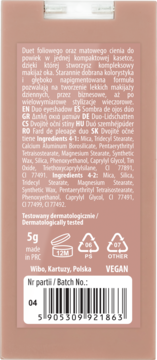 Tył brązowej kasetki cienia do powiek Wibo 5g. Duet matowy/foliowy. Widoczne składniki, barcode i info VEGAN.
