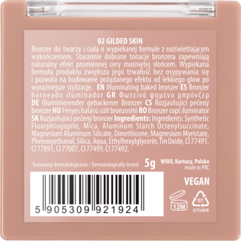 Tył różowo-złotego bronzera do twarzy 02 GILDED SKIN, z listą składników, kodem kreskowym i napisem VEGAN.