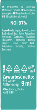Tył opakowania preparatu do skórek 9 ml z listą składników, 97% naturalnych, symbolami recyklingu.