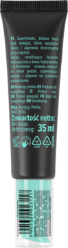 Tył czarnej tubki żelowej bazy pod makijaż 35ml. Zielony tekst PL/EN/IT, symbole recyklingu i znak VEGAN.