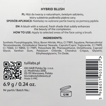 Szary tył opakowania różu HYBRID BLUSH z tekstem PL/EN, składem, kodem QR i wagą 6.9g.