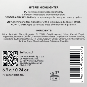 Etykieta HYBRID HIGHLIGHTER. Shimmering rozświetlacz do twarzy. Skład, sposób użycia, dane firmy i kod kreskowy.