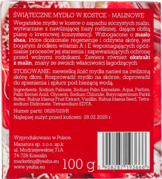 Tył czerwonego opakowania mydła malinowego Yesha 100g. Widoczny polski opis, składniki i kod kreskowy.