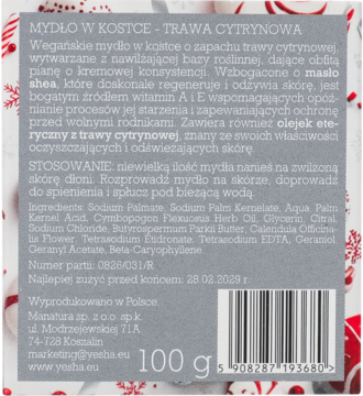 Tył szarego opakowania wegańskiego mydła w kostce Manufaktura, trawa cytrynowa, z widocznym składem i wagą 100g.