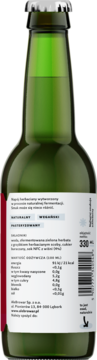 Tył zielonej butelki fermentowanego napoju herbacianego 330 ml z etykietą zawierającą skład i wartości odżywcze.