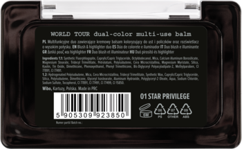 Tył czarnego kompaktu World Tour dual-color multi-use balm 01 Star Privilege z opisem produktu i kodem kreskowym.