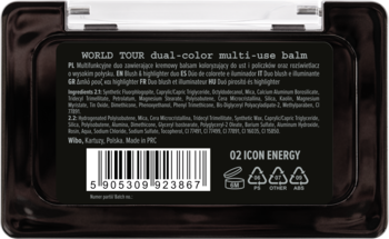 Tył czarnego opakowania balsamu WORLD TOUR dual-color multi-use balm 02 ICON ENERGY z listą składników.