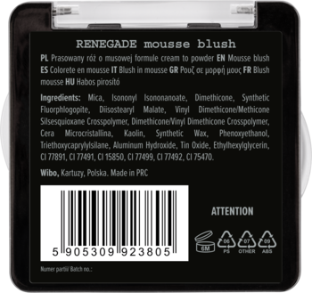 Czarny tył opakowania różu Renegade mousse blush cream-to-powder z widocznym kodem kreskowym i składem.