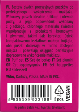 Tył różowego opakowania zestawu dwóch trójkątnych puszków do makijażu Wibo, z opisem i kodem kreskowym.
