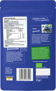 Tył niebieskiej torebki dmBio suszonych Heidelbeeren 25g, z widocznym kodem kreskowym i tekstem informacyjnym.