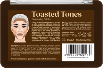 Tył brązowej palety do konturowania twarzy Toasted Tones z ilustracją aplikacji makijażu i kodem kreskowym.
