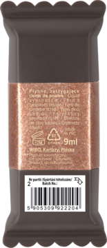 Tył opakowania płynnego cienia WIBO 9ml, brązowy z miedzianym brokatem, widoczny kod kreskowy i batch.