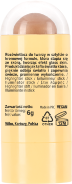 Tył beżowego rozświetlacza Wibo w sztyfcie 6g, widoczne napisy i symbole, z efektem glass skin.