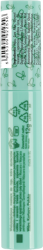 Pionowy widok tyłu jasnozielonej maskary do rzęs z kodem kreskowym, informacjami i symbolami recyklingu.