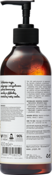Tył brązowej butelki kremowego żelu pod prysznic Waniia 400ml z wanilią i oudem, etykieta ze składem.