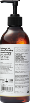 Tył brązowej butelki naturalnego żelu pod prysznic Yope Jaśmin & tonka z czarną pompką i etykietą składników.