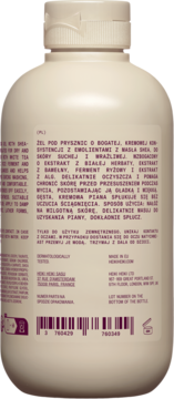 Tył kremowego żelu pod prysznic HEIKI HEIKI do skóry suchej, polski tekst z ceramidami i kodem kreskowym.