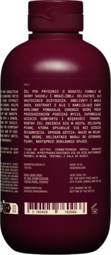Tył bordowej butelki żelu pod prysznic HEIKI HEIKI dla skóry suchej, z polskim opisem i kodem kreskowym.