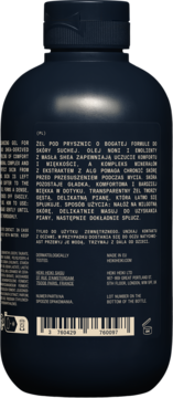 Tył ciemnej butelki HEIKI HEIKI Shower Gel dla skóry suchej, z polskim opisem i kodem kreskowym.