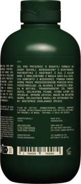 Tył ciemnozielonego żelu pod prysznic HEIKI dla skóry suchej, z polskim opisem i kodem kreskowym.