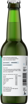 Tył zielonej butelki Kombucha AleBrowar Organic, etykieta z wartościami odżywczymi, składem i kodem kreskowym.