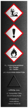 Czarna etykieta produktu ADBL, widok z tyłu, z trzema piktogramami zagrożenia: środowisko, ostrzeżenie, łatwopalne. Tekst 'Danger'.