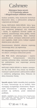 Beżowa etykieta Cashmere Matująca baza-serum 30 ml, z opisem niacynamidu, kontroli sebum i użycia.