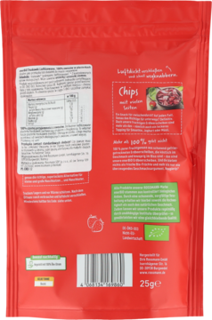 Tył czerwonej paczki chrupiących chipsów z czerwonej soczewicy 25g. Widoczne dane odżywcze i kod kreskowy.