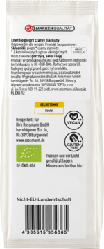 Tył białego opakowania Enerbio pieprz czarny ziarnisty. Logo jakości, certyfikaty Vegan, Gluten-Free, Bio.