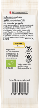 Tył białego opakowania granulowanego czosnku Energie z informacjami o produkcie, certyfikatami Vegan, bez glutenu, bio.