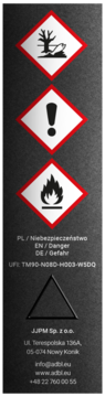 Warning label with GHS pictograms: environmental hazard, exclamation mark, flame. Includes 'Danger', UFI, and company info.