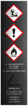 Pionowa, ciemna etykieta z piktogramami zagrożeń (środowisko, wykrzyknik, płomień), UFI, ostrzeżenia i dane ADBL.