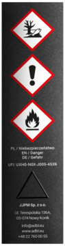 Czarna etykieta produktu z piktogramami zagrożeń: dla środowiska, drażniący (wykrzyknik), łatwopalny (płomień). Zawiera dane firmy.