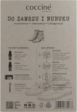 Tył opakowania zestawu Coccine do zamszu i nubuku, z instrukcją użycia i ikonami produktów.