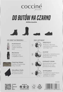 Tył opakowania Coccine, zestaw do czarnych butów z gładkiej skóry. Prezentuje Multicleaner, Blackener, chusteczki i instrukcję użycia.