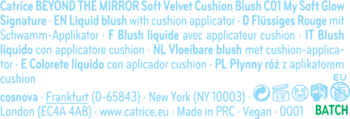 Etykieta Catrice BEYOND THE MIRROR Soft Velvet Cushion Blush C01 My Soft Glow Signature, płynny róż do policzków, aplikator, Vegan.