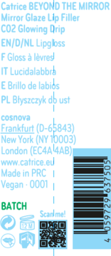 Błyszczyk Catrice BEYOND THE MIRROR C02 Glowing Drip, zbliżenie etykiety z kodem kreskowym, QR, PAO, info prod.