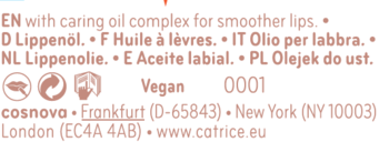 Etykieta olejku do ust Catrice: "caring oil complex for smoother lips", lista języków, symbol wegan.